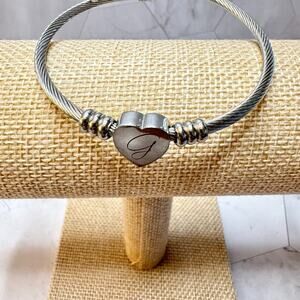 Stainless Steel Heart "G" Monogram Bracelet Initial Twisted Silver Cable Bangle
